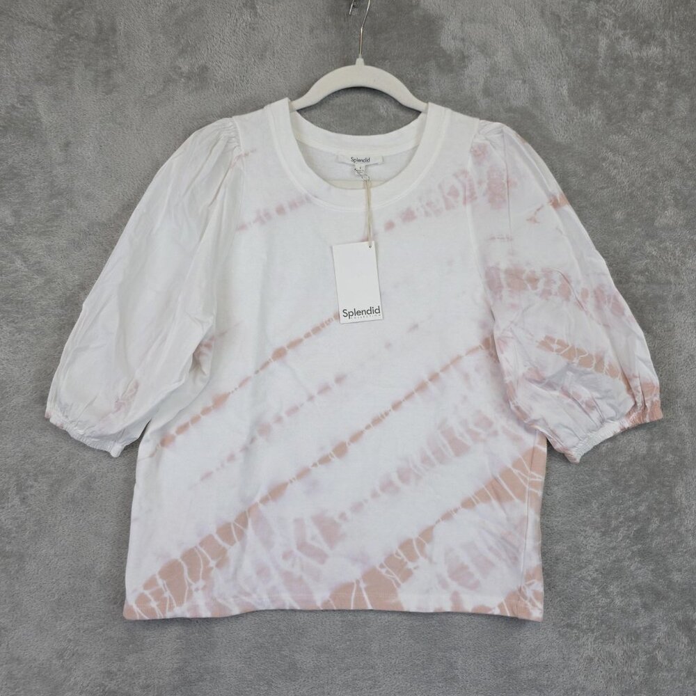 Splendid Shirt Womens Small White Blush Tie Dye 3/4 Puff Sleeve Jersey Top